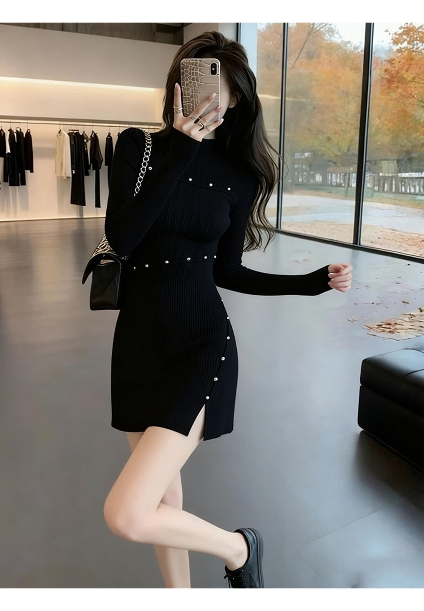 가을 겨울 감기 부유 한 가족 천 골드 품격 여신 팬 빛 럭셔리 고급 센스 관대 한 점잖은 작은 샤넬 스타일 검정색 드레스 상세 이미지 5