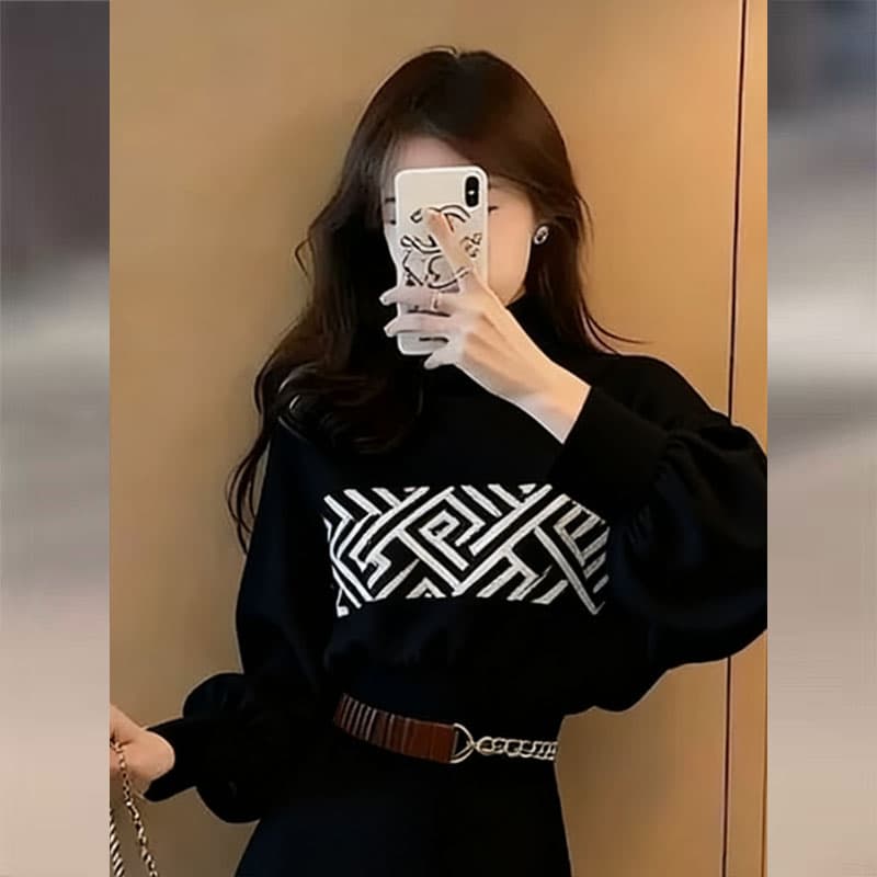 아름다운 캐주얼 검정색 프린트 여성 드레스 2026 새로운 가을 겨울 작은 키 관대 한 점잖은 허리 수축 후드티 드레스 상세 이미지 5