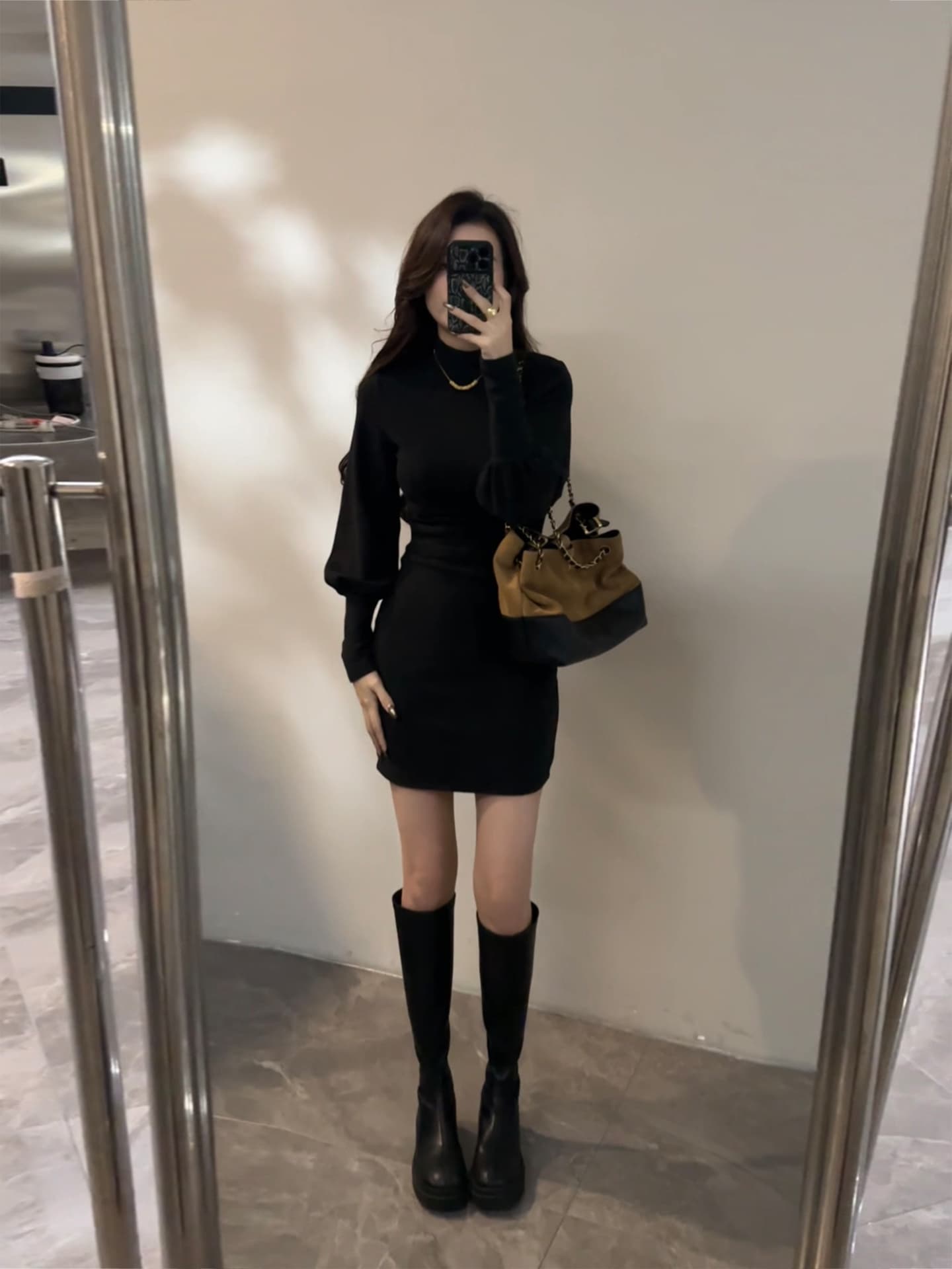 대 찌르기 레트로 겨울 벌룬 소매 반하이넥 드레스 가을 겨울 치마 주름 허리 수축 미니 스커트 이미지 3