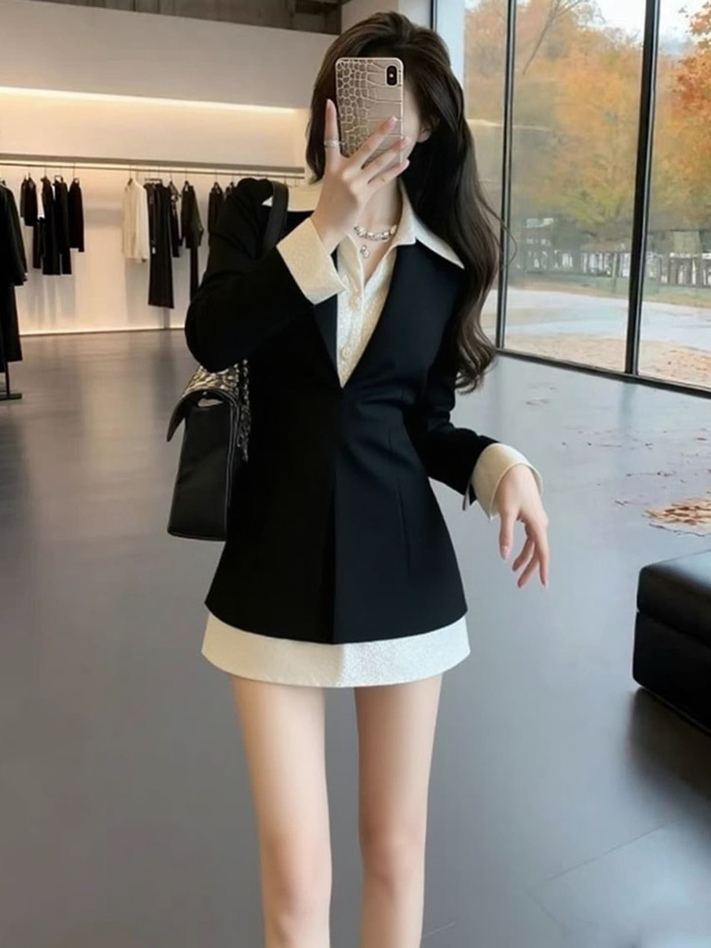 한 부서 패션 품격 검정색 페이크 레이어드 여성 드레스 이른 가을 새로운 꼬집기 허리 슬림해 보이는 디자인 고급 센스 치마