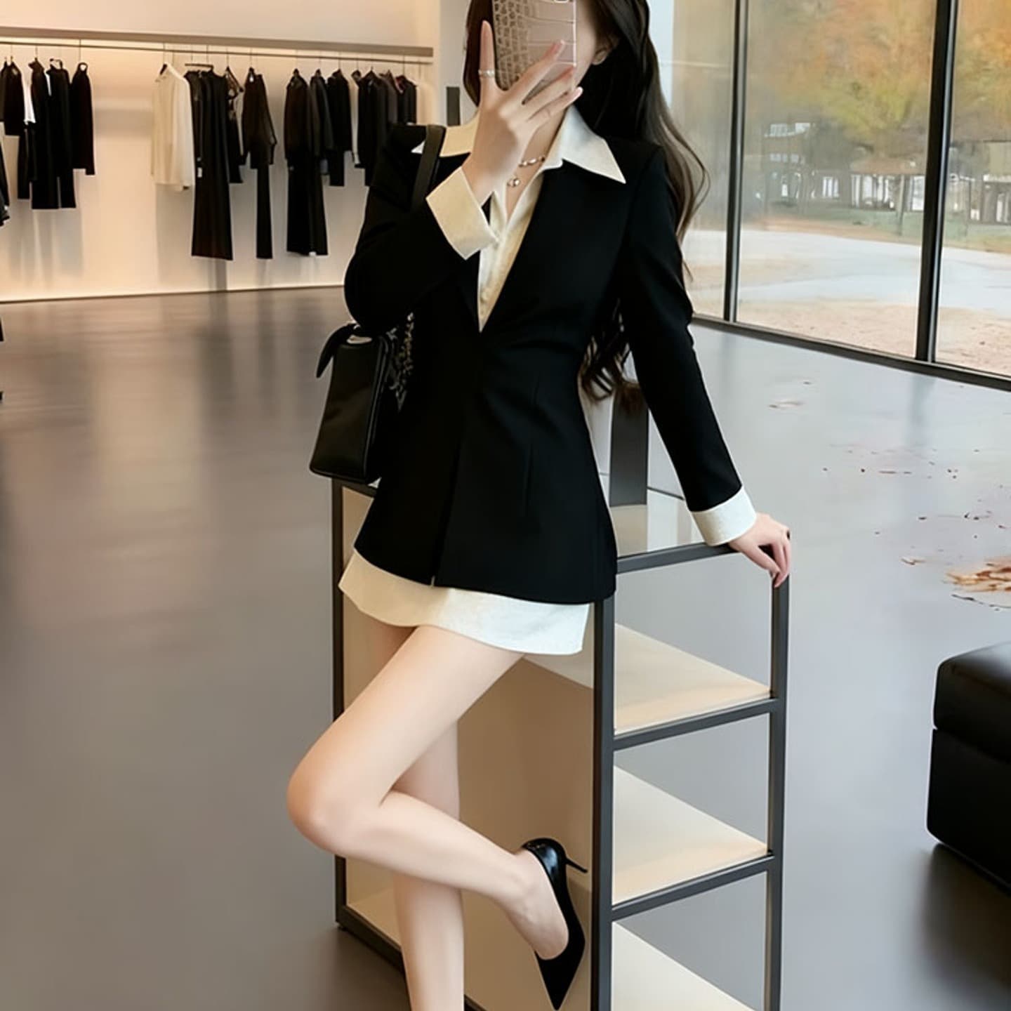한 부서 패션 품격 검정색 페이크 레이어드 여성 드레스 이른 가을 새로운 꼬집기 허리 슬림해 보이는 디자인 고급 센스 치마 이미지 5