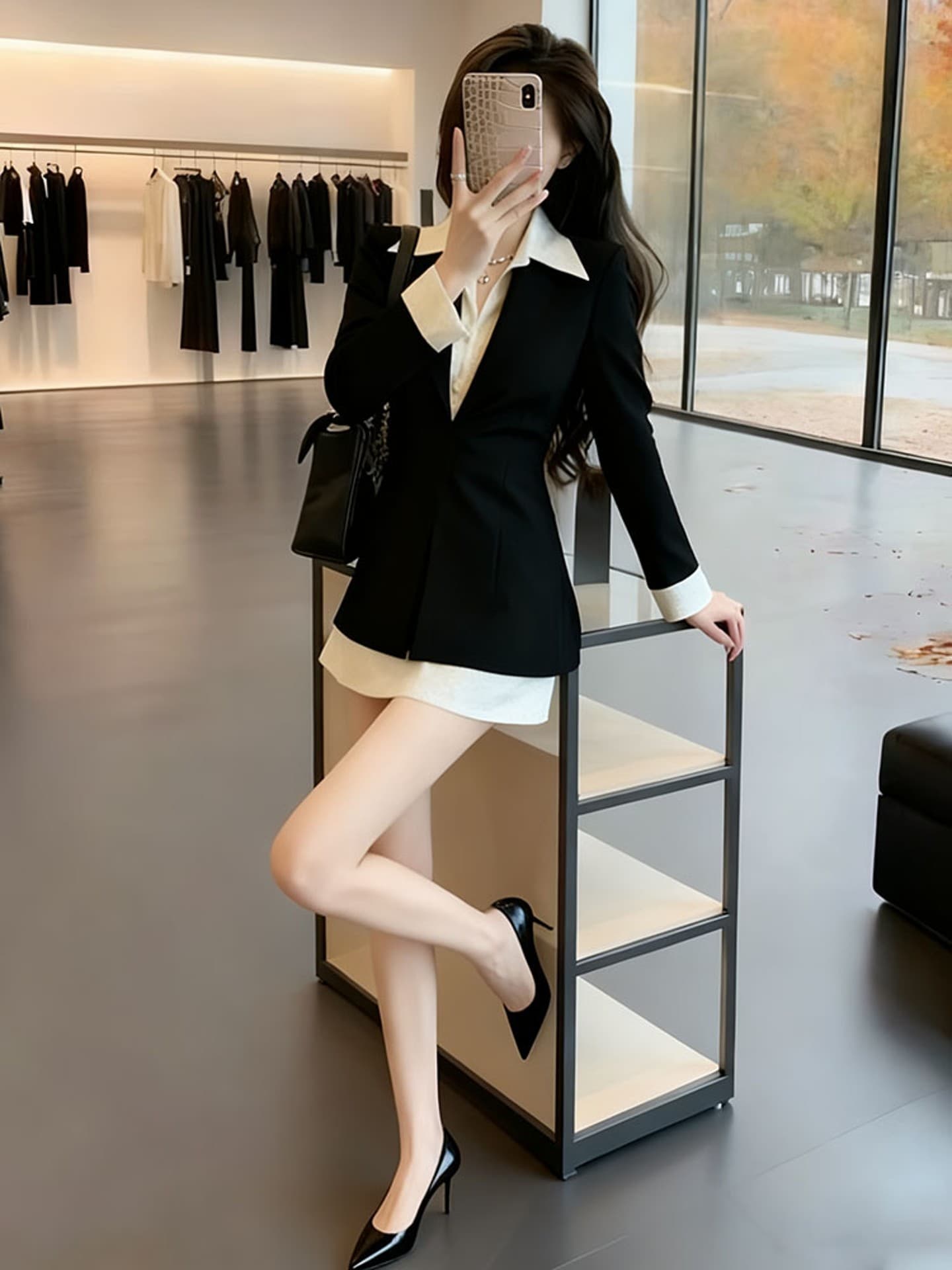 한 부서 패션 품격 검정색 페이크 레이어드 여성 드레스 이른 가을 새로운 꼬집기 허리 슬림해 보이는 디자인 고급 센스 치마 상세 이미지 5