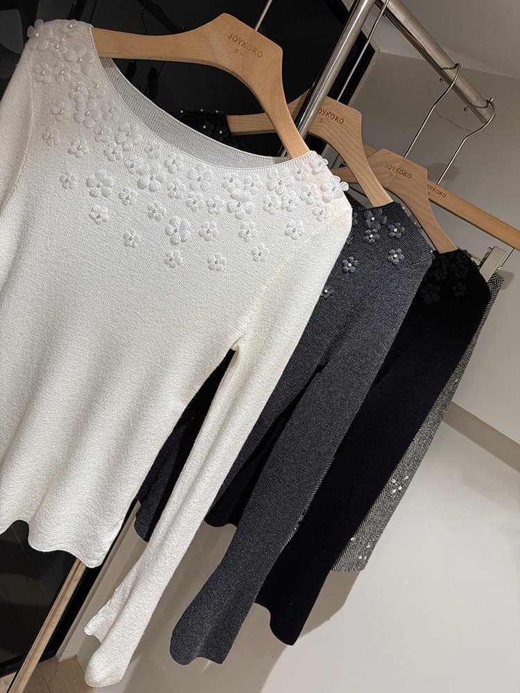 크기 데이지 꽃잎 작은 진주 한 단어 라운드 넥 30 양모 마이크로 나팔 소매 몸매 가꾸기 풀오버 니트 스웨터 상세 이미지 10