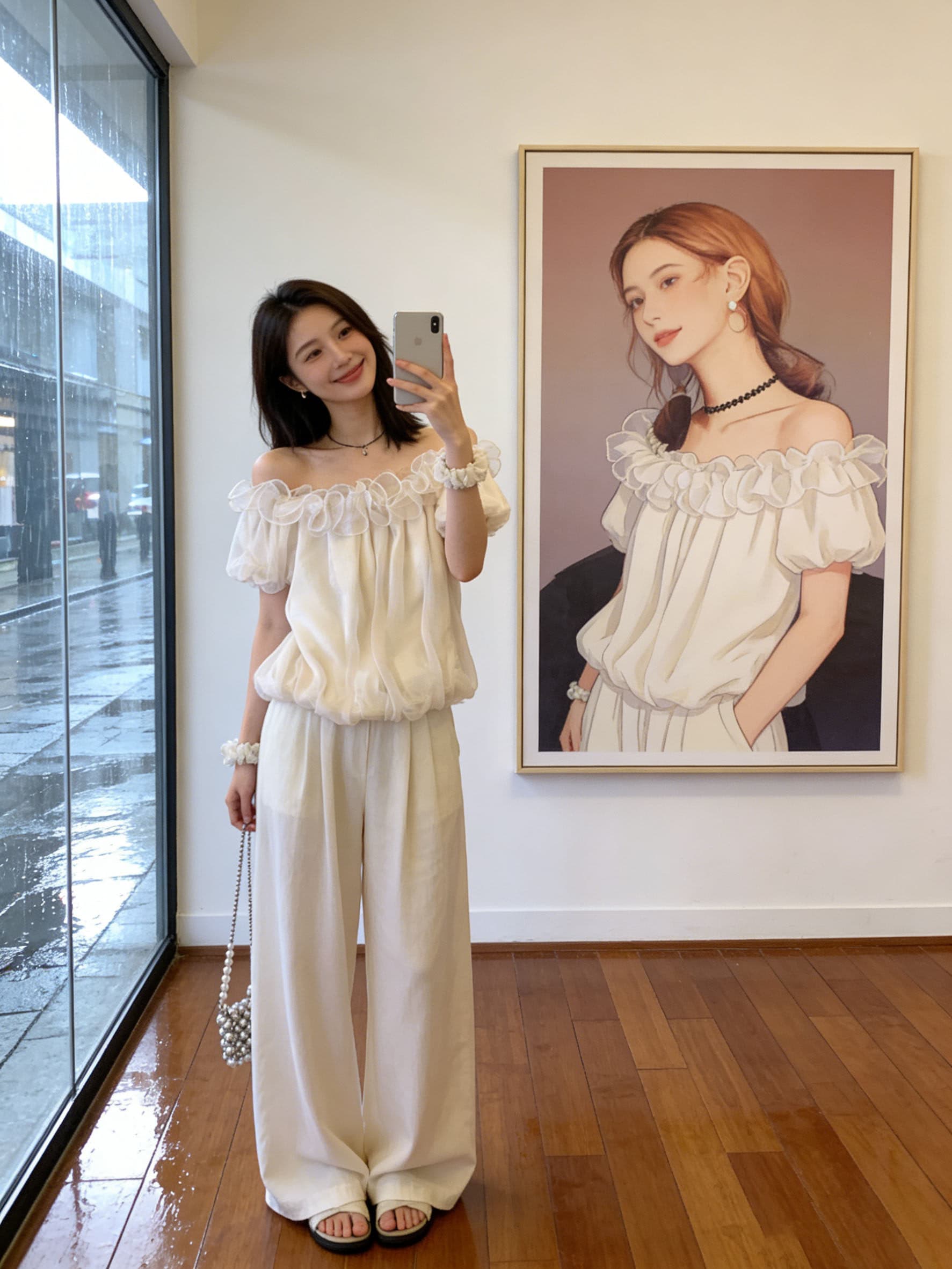 배 모양 몸 주간 접시 부드러운 바람 오프숄더 맨위 여성 여름 표지 고기 슬림해 보이는 프랑스식 거품 소매 상세 이미지 1