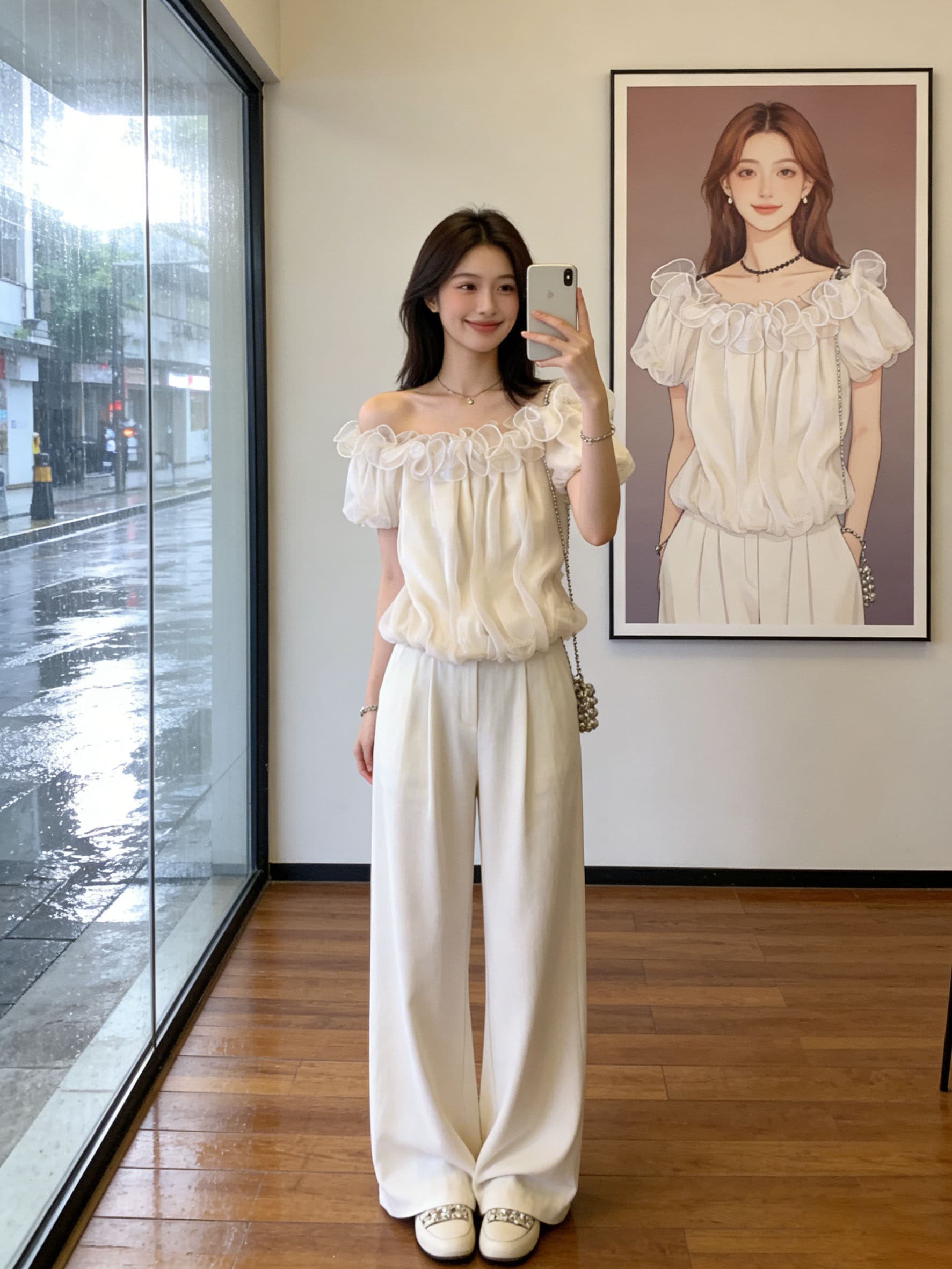 배 모양 몸 주간 접시 부드러운 바람 오프숄더 맨위 여성 여름 표지 고기 슬림해 보이는 프랑스식 거품 소매 상세 이미지 3