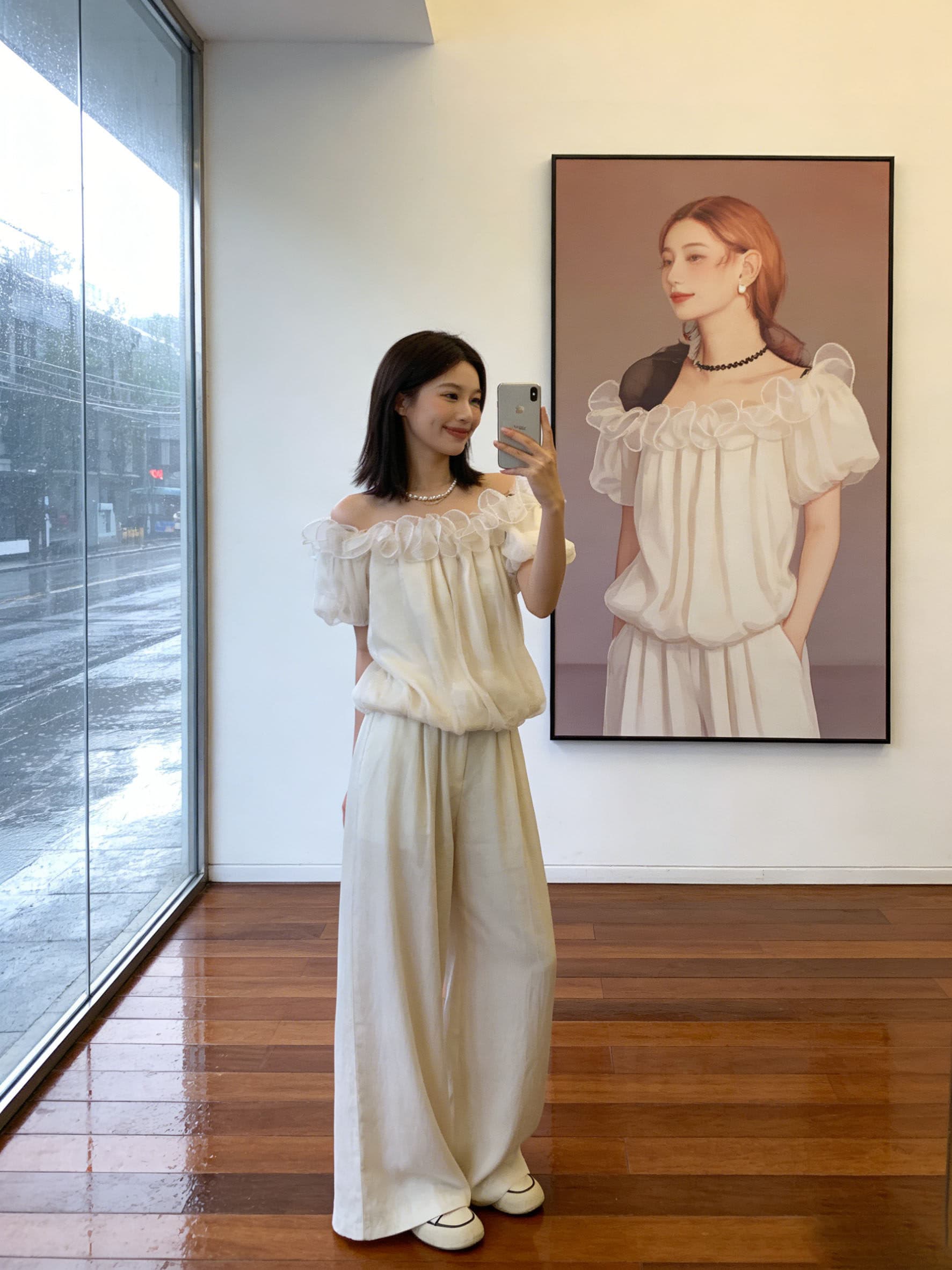 배 모양 몸 주간 접시 부드러운 바람 오프숄더 맨위 여성 여름 표지 고기 슬림해 보이는 프랑스식 거품 소매 상세 이미지 4