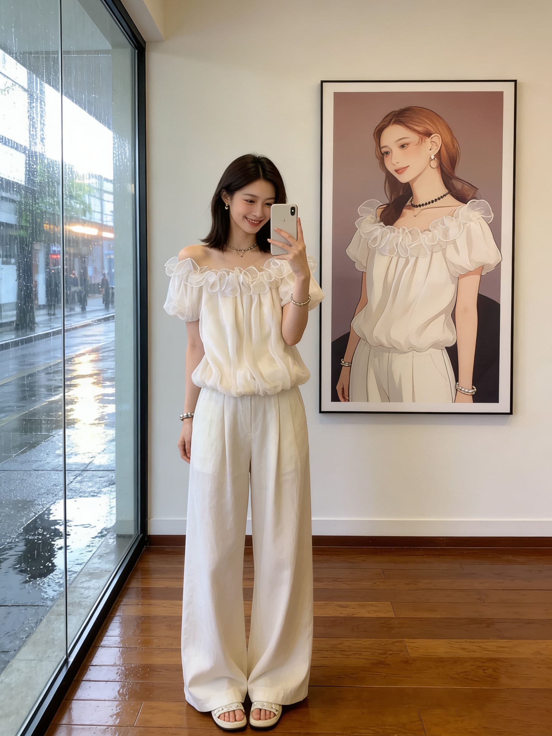 배 모양 몸 주간 접시 부드러운 바람 오프숄더 맨위 여성 여름 표지 고기 슬림해 보이는 프랑스식 거품 소매 상세 이미지 11