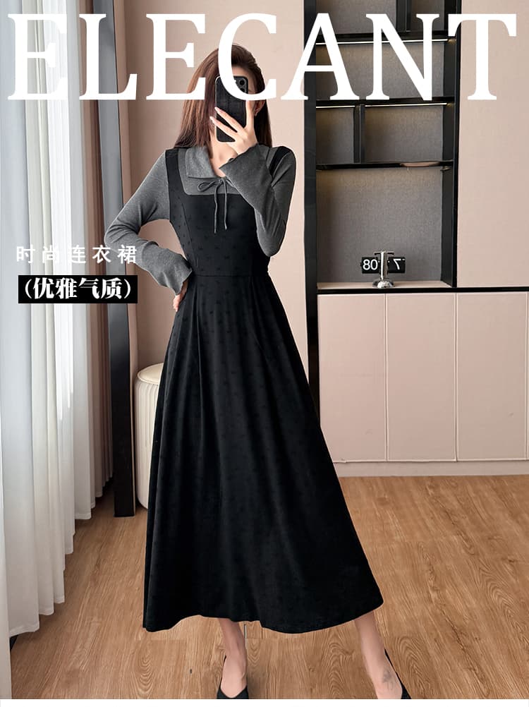 실사 2026 가을 의상 새로운 베이비 칼라 프랑스식 여성 드레스 허리 수축 페이크 레이어드 럭셔리 긴팔 치마 롱 스커트 상세 이미지 1