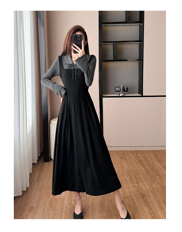 실사 2026 가을 의상 새로운 베이비 칼라 프랑스식 여성 드레스 허리 수축 페이크 레이어드 럭셔리 긴팔 치마 롱 스커트 상세 이미지 18
