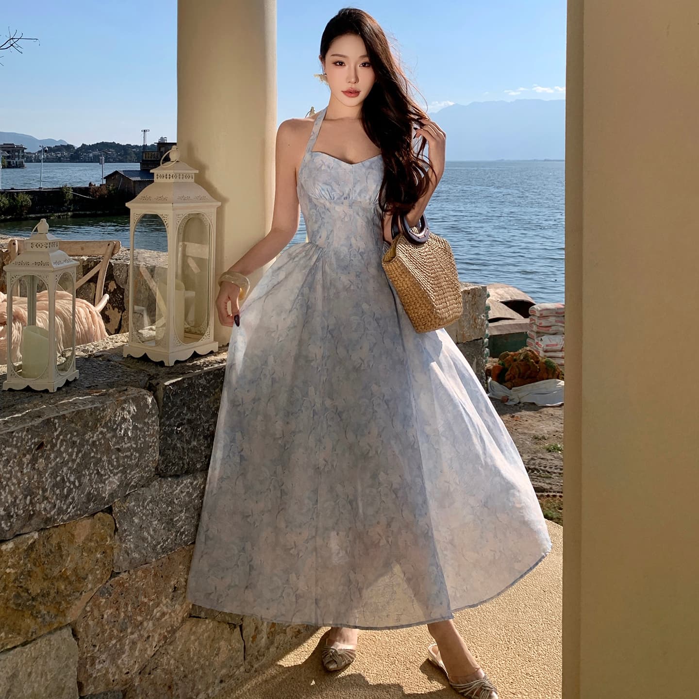 실사 휴가 모래 어려운 치마 고급 센스 행침 목 드레스 작은 섹시함 백리스 주름 휴가 쉬폰 롱 스커트 여름 이미지 5