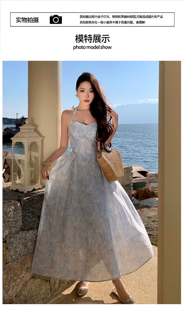 실사 휴가 모래 어려운 치마 고급 센스 행침 목 드레스 작은 섹시함 백리스 주름 휴가 쉬폰 롱 스커트 여름 상세 이미지 12