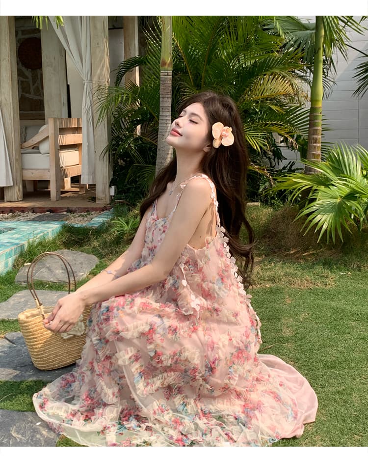 핑크색 아름다운 낭만주의 바람 프릴 꽃무늬 드레스 여름 새로운 슈퍼 요정 소녀 센스 슬립 드레스 해변 드레스 상세 이미지 16