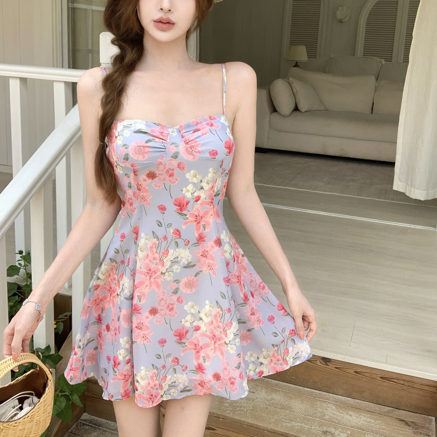 해변가 휴가 바람 미니 스커트 도파민 쉬폰 치마 프린트 허리 수축 슬림해 보이는 낭만주의 슬립 드레스 이미지 5