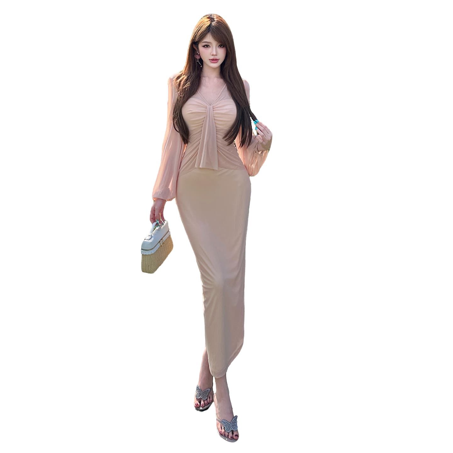 핑크색 V넥 망사 패치워크 Tulle 드레스 이른 가을 아름다운 순수한 욕망 타이트 스커트 롱 스커트 생일 치마 작은 드레스 이미지 6