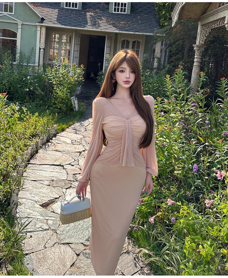 핑크색 V넥 망사 패치워크 Tulle 드레스 이른 가을 아름다운 순수한 욕망 타이트 스커트 롱 스커트 생일 치마 작은 드레스 상세 이미지 14