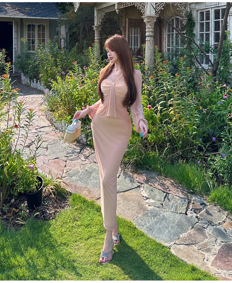 핑크색 V넥 망사 패치워크 Tulle 드레스 이른 가을 아름다운 순수한 욕망 타이트 스커트 롱 스커트 생일 치마 작은 드레스 상세 이미지 16