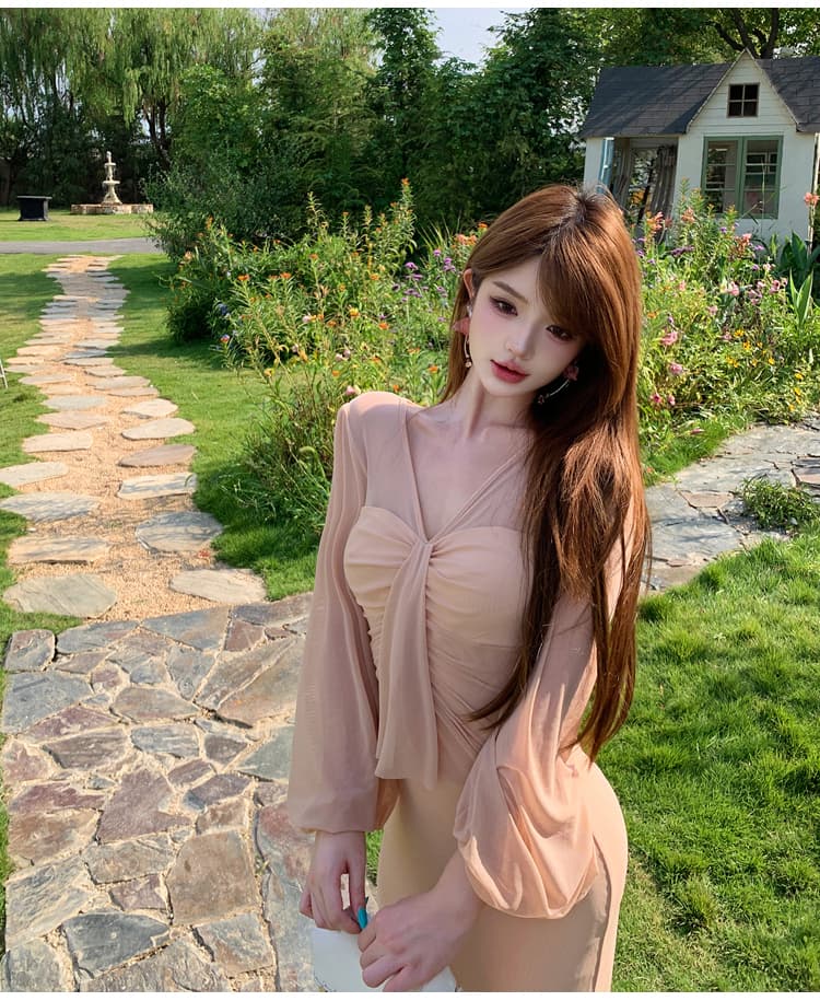 핑크색 V넥 망사 패치워크 Tulle 드레스 이른 가을 아름다운 순수한 욕망 타이트 스커트 롱 스커트 생일 치마 작은 드레스 상세 이미지 19