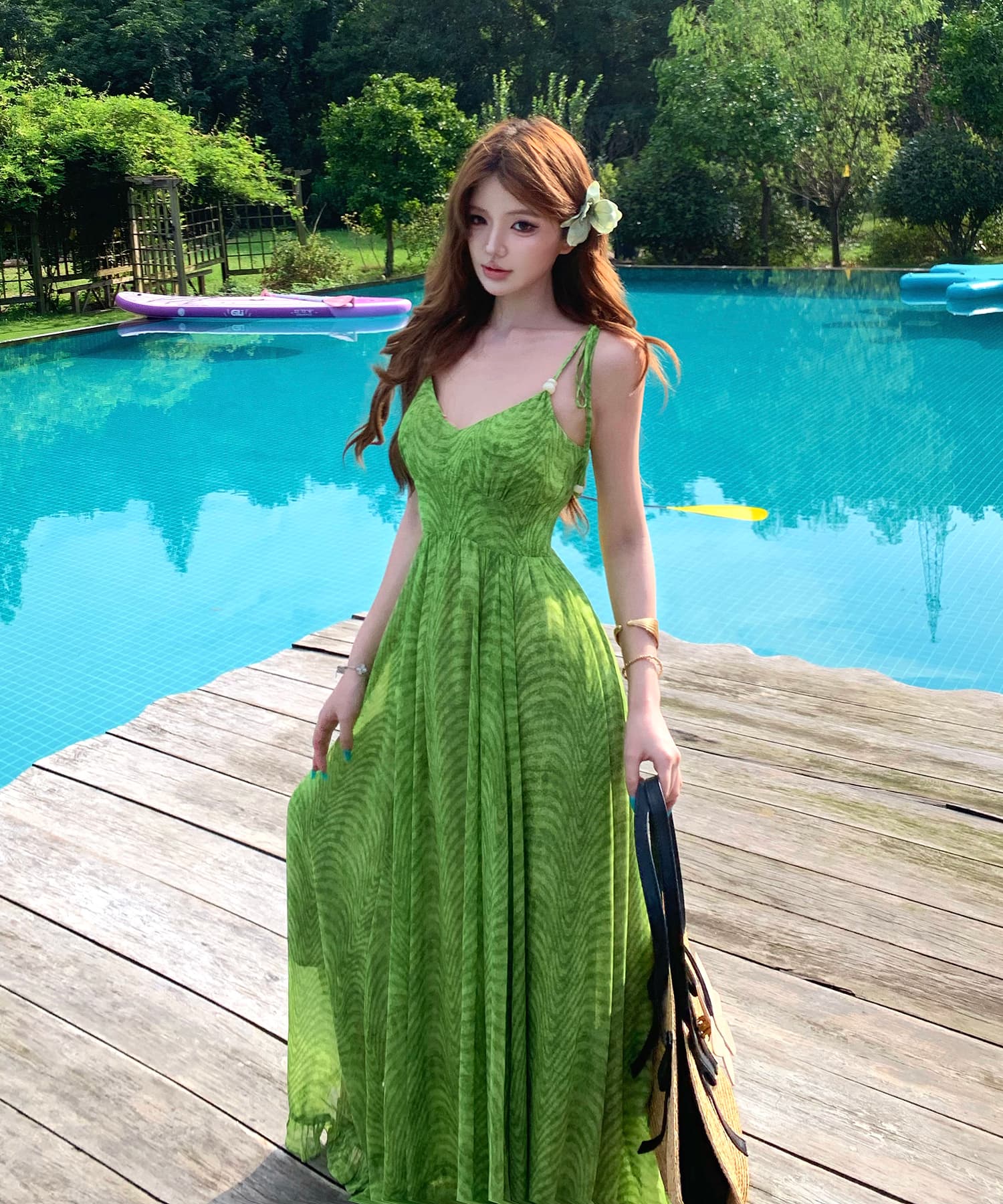 해변가 휴가 도파민 프린트 무거운 작업 디자인 센스 V넥 슬립 여성 드레스 허리 수축 슬림해 보이는 큰 진자 롱 스커트 상세 이미지 13