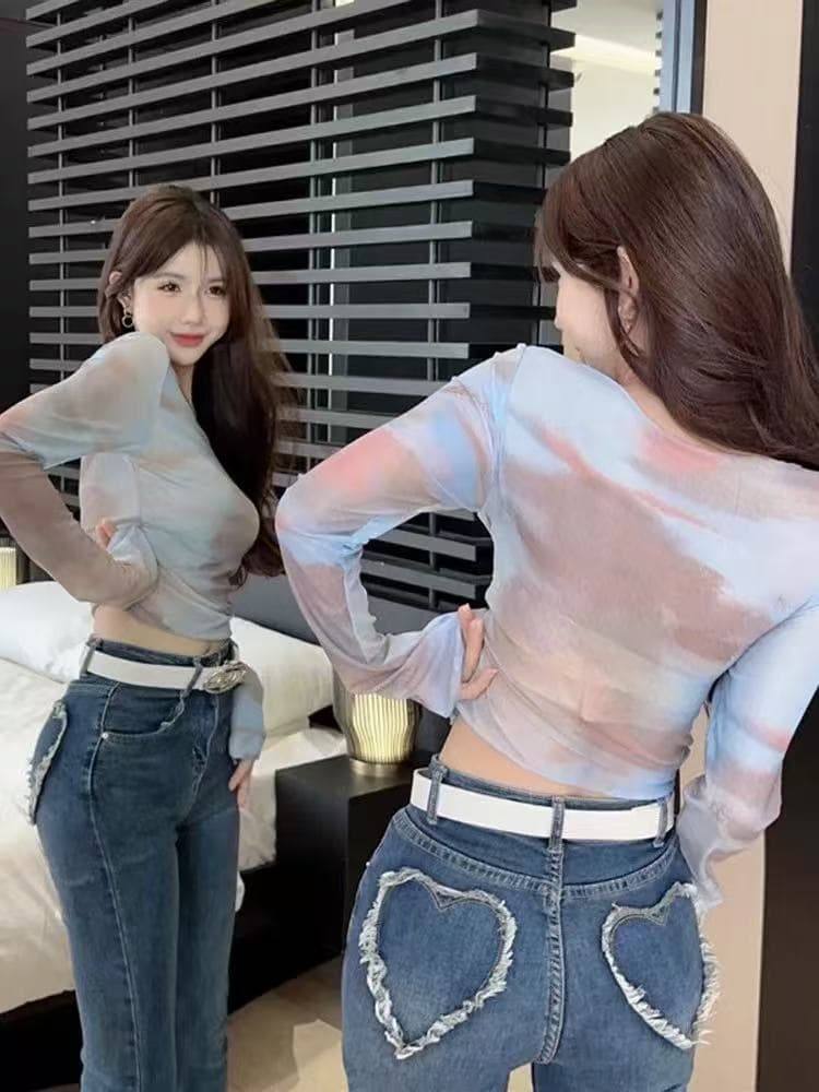홀치기 염색 망사 자외선 차단 기본 셔츠 십자가 u 칼라 불규칙 긴팔 티셔츠 여성 여름 쇼트 스타일 고유 한 Chic 맨위 이미지 4