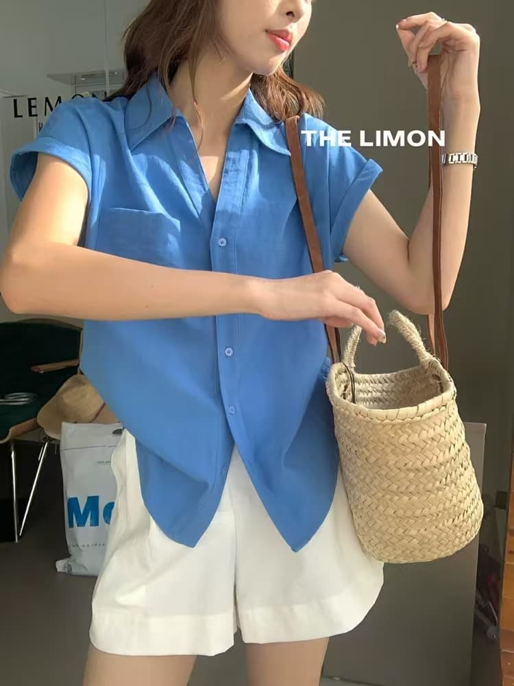 한 부서 파란색 고급 센스 작은 날다 소매 POLO 칼라 반팔 여성 셔츠 여름 루즈핏 고유 한 면 린넨 폴로 칼라 맨위