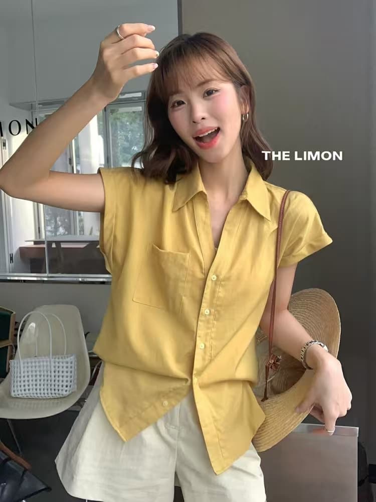 한 부서 파란색 고급 센스 작은 날다 소매 POLO 칼라 반팔 여성 셔츠 여름 루즈핏 고유 한 면 린넨 폴로 칼라 맨위 이미지 2