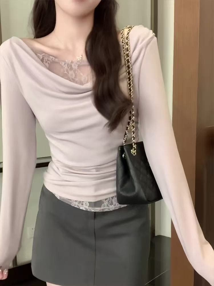 흔들다 칼라 오프숄더 레이스 레이스 긴팔 티셔츠 여성 의류 2026 이른 봄 새로운 달콤함 고급 센스 인사이드 잡아라. 의류 이미지 2