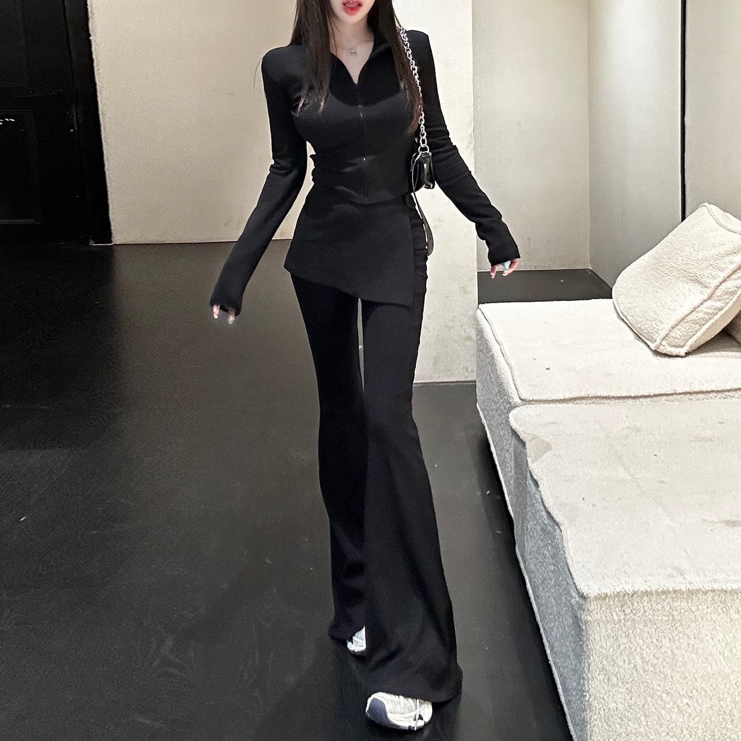 경관 그림 2026 봄 가을 핫걸 바람 스탠드 칼라 긍정적 인 어깨 지퍼 허리 수축 맨위 하이웨이스트 마이크로 나팔 바지 랩스커트팬츠 세트 이미지 5