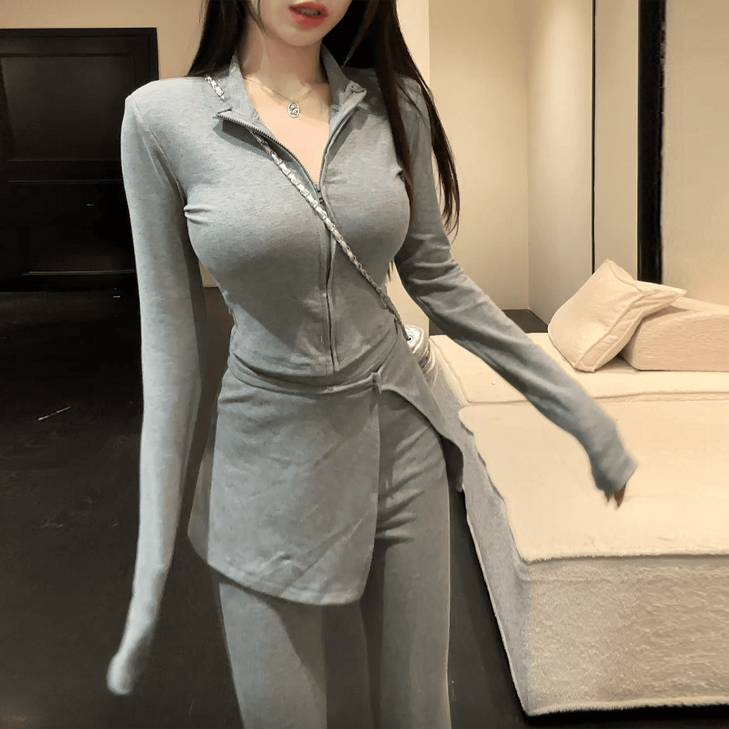 경관 그림 2026 봄 가을 핫걸 바람 스탠드 칼라 긍정적 인 어깨 지퍼 허리 수축 맨위 하이웨이스트 마이크로 나팔 바지 랩스커트팬츠 세트 이미지 6