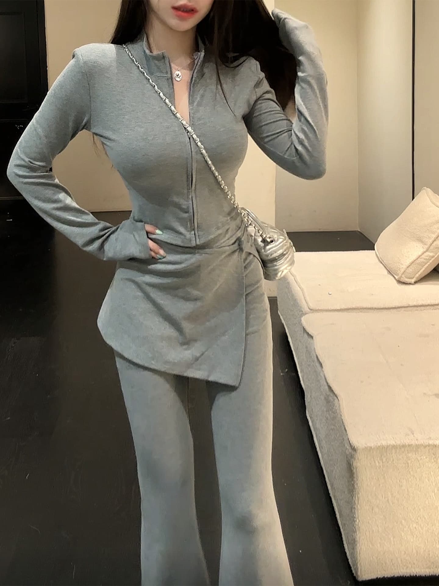 경관 그림 2026 봄 가을 핫걸 바람 스탠드 칼라 긍정적 인 어깨 지퍼 허리 수축 맨위 하이웨이스트 마이크로 나팔 바지 랩스커트팬츠 세트 상세 이미지 2