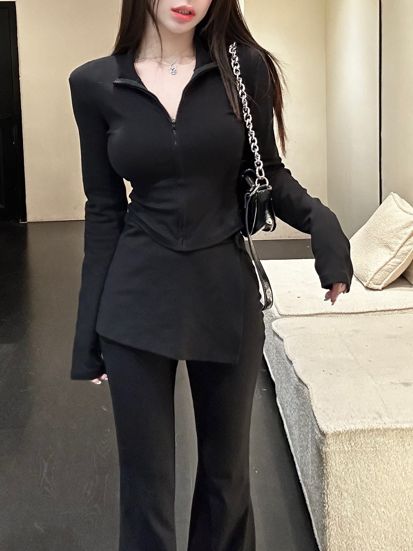 경관 그림 2026 봄 가을 핫걸 바람 스탠드 칼라 긍정적 인 어깨 지퍼 허리 수축 맨위 하이웨이스트 마이크로 나팔 바지 랩스커트팬츠 세트 상세 이미지 26