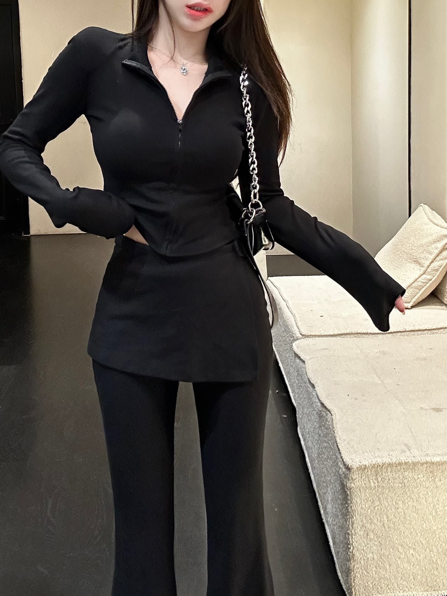 경관 그림 2026 봄 가을 핫걸 바람 스탠드 칼라 긍정적 인 어깨 지퍼 허리 수축 맨위 하이웨이스트 마이크로 나팔 바지 랩스커트팬츠 세트 상세 이미지 27