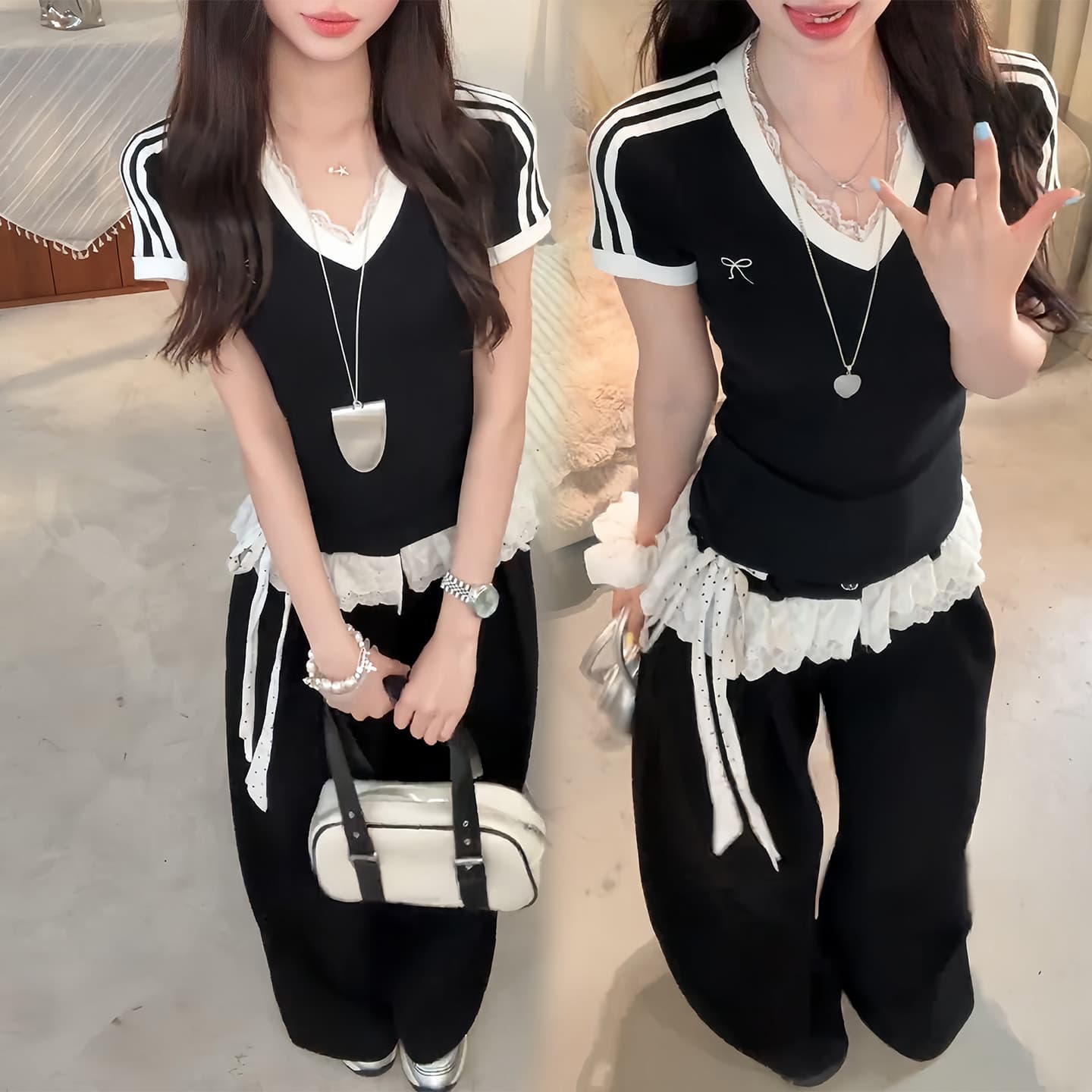 경관 그림 순수한 욕망 핫걸 레이스 V넥 반팔 티셔츠 2026 새로운 여름 레트로 바 기사 맨위 바지 세트