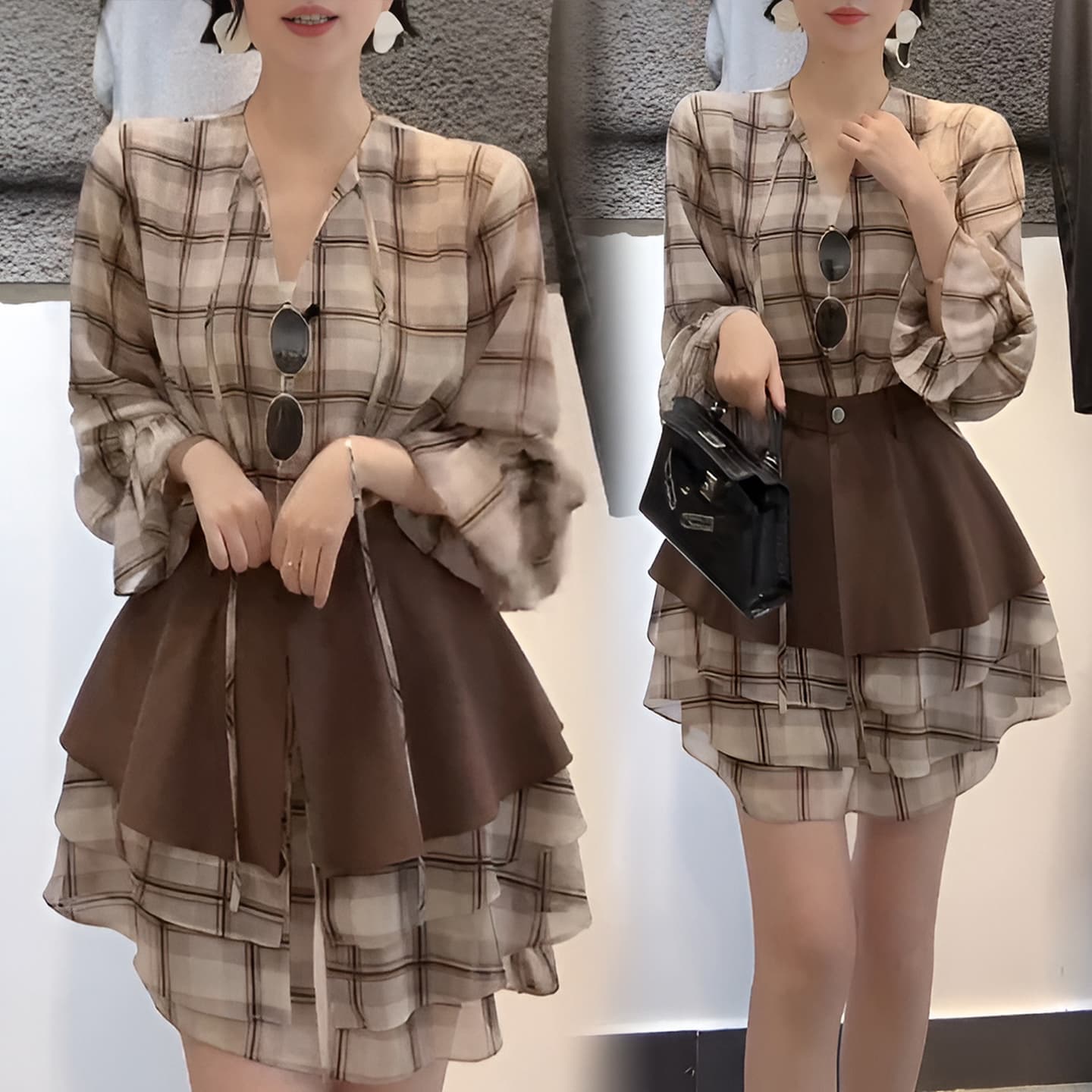 경관 그림 패션 부드러운 레트로 체크무늬 프릴 허리 수축 드레스 2026 여름 새로운 슬림해 보이는 다용도 치마 이미지 2