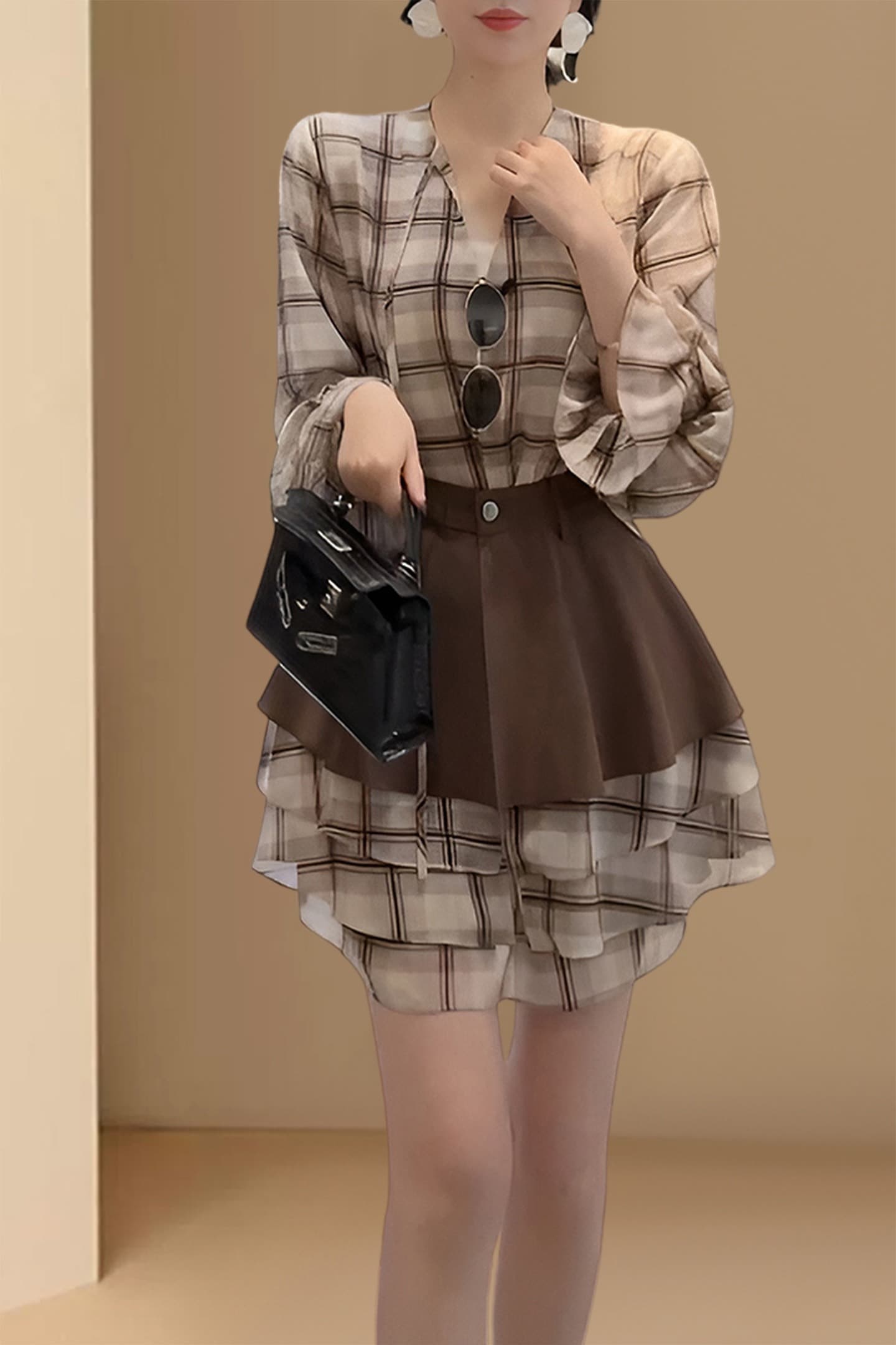 경관 그림 패션 부드러운 레트로 체크무늬 프릴 허리 수축 드레스 2026 여름 새로운 슬림해 보이는 다용도 치마 이미지 7