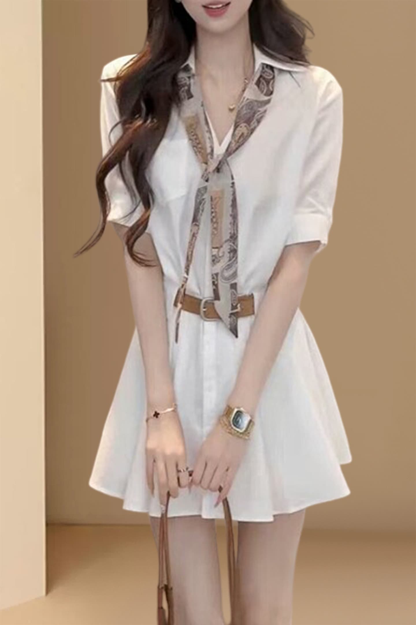 경관 그림 2026 년 여름 새로운 한국 스타일 루즈핏 허리 수축 반팔 셔츠 여성 드레스 패션 품격 슬림해 보이는 이미지 7