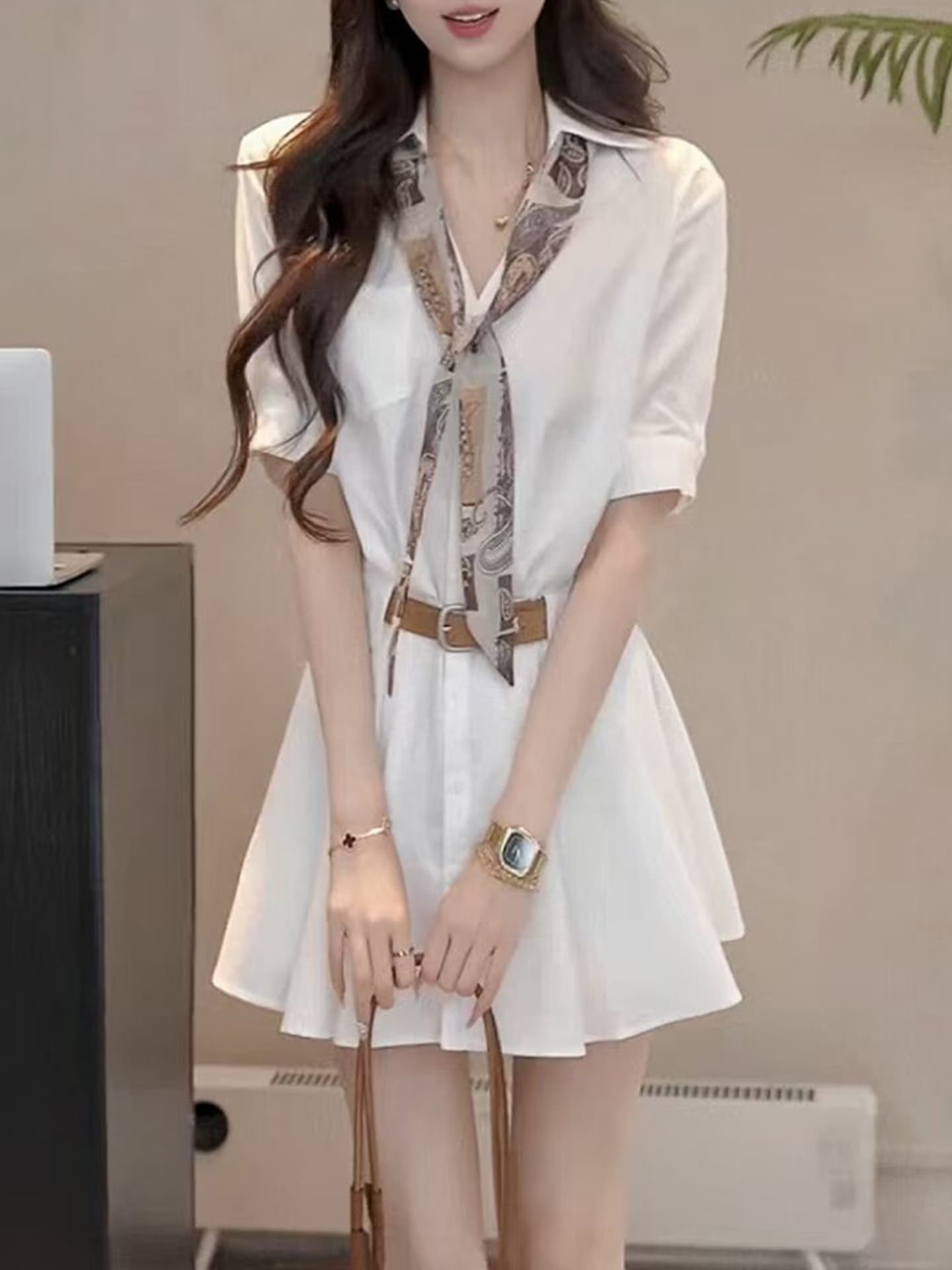 경관 그림 2026 년 여름 새로운 한국 스타일 루즈핏 허리 수축 반팔 셔츠 여성 드레스 패션 품격 슬림해 보이는 상세 이미지 2