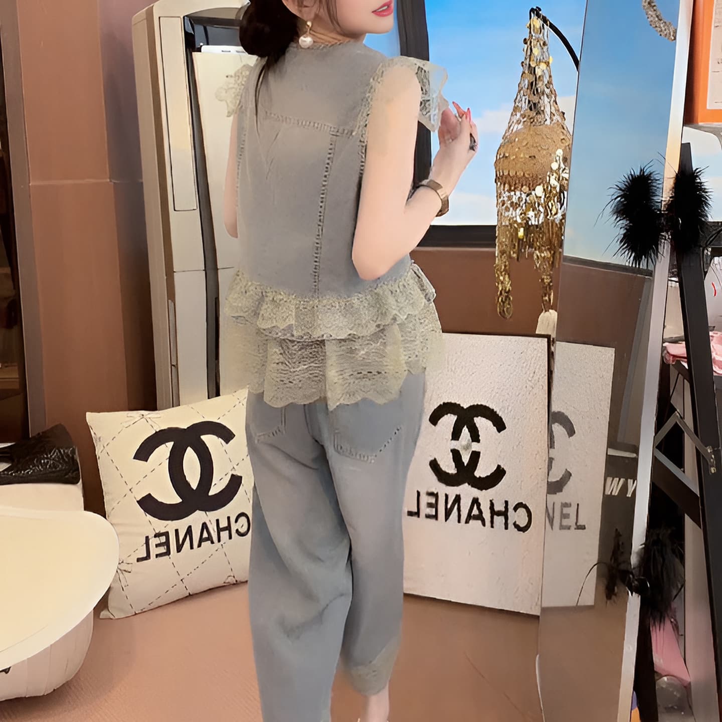 경관 그림 레이스 레이스 데님 세트 투피스 세트 2026 여름 새로운 V넥 베스트 와이드 레그 팬츠 투피스 세트 이미지 3