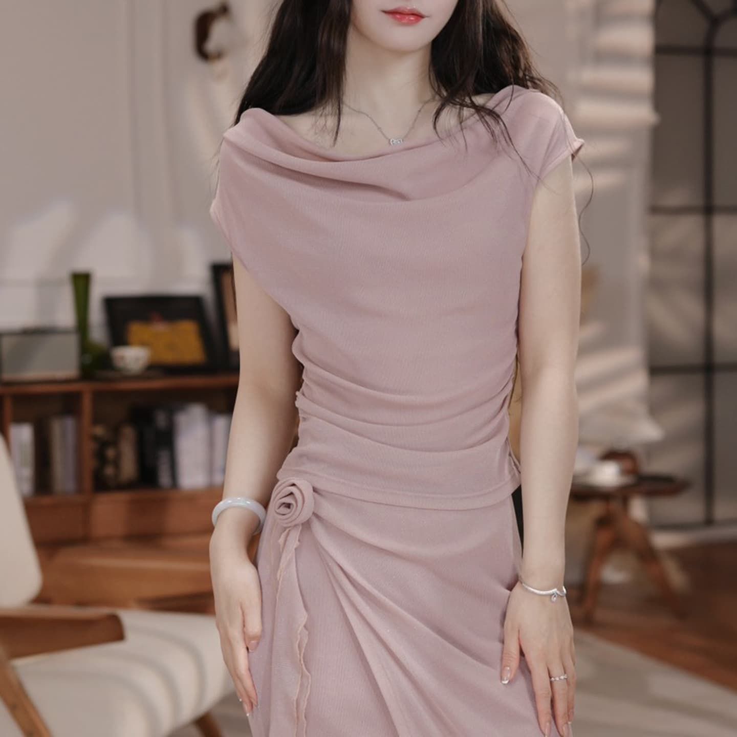 경관 그림 프랑스식 순수한 욕망 바람 품격 3 차원 꽃 리본 맨위 여름 하이웨이스트 패션 롱 스커트 투피스 슈트 이미지 5