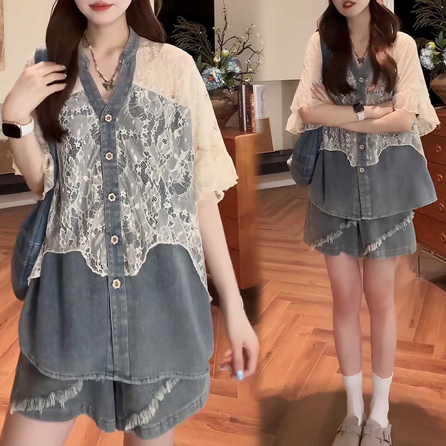 경관 그림 레트로 달콤한 차가운 바람 레이스 조각 여성 셔츠 여름 루즈핏 불규칙 반팔 맨위 반바지 세트 이미지 2