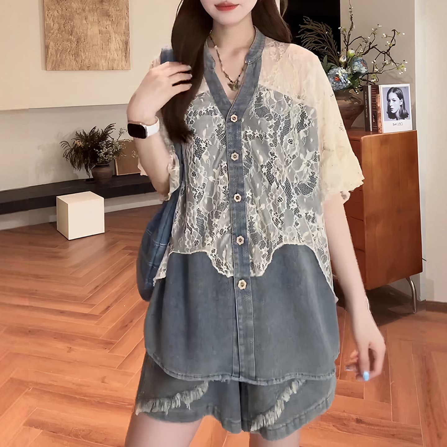 경관 그림 레트로 달콤한 차가운 바람 레이스 조각 여성 셔츠 여름 루즈핏 불규칙 반팔 맨위 반바지 세트 이미지 6