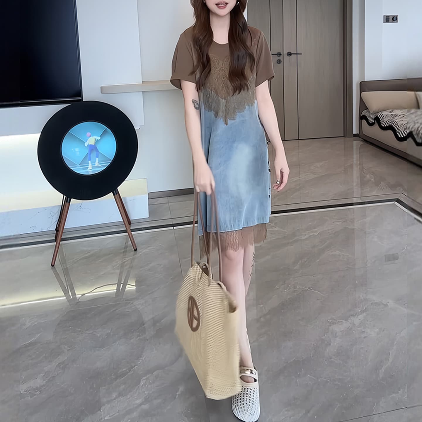 경관 그림 레이스 조각 드레스 여름 디자인 센스 페이크 레이어드 패션 품격 슬림해 보이는 외국 가스 반팔 스트레이트 치마 이미지 4