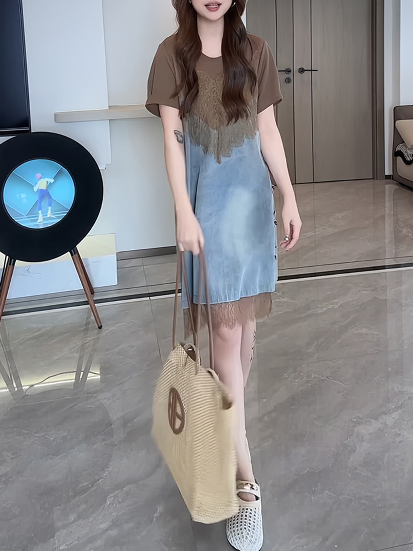 경관 그림 레이스 조각 드레스 여름 디자인 센스 페이크 레이어드 패션 품격 슬림해 보이는 외국 가스 반팔 스트레이트 치마 상세 이미지 3