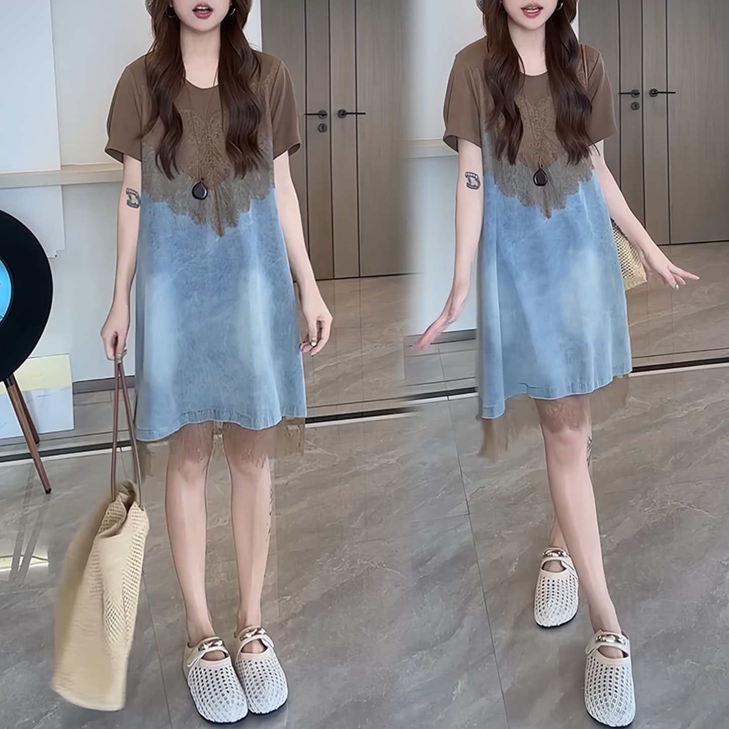 경관 그림 고급 센스 패션 품격 레이스 조각 여성 드레스 외국 가스 반팔 디자인 센스 페이크 레이어드 치마 이미지 2