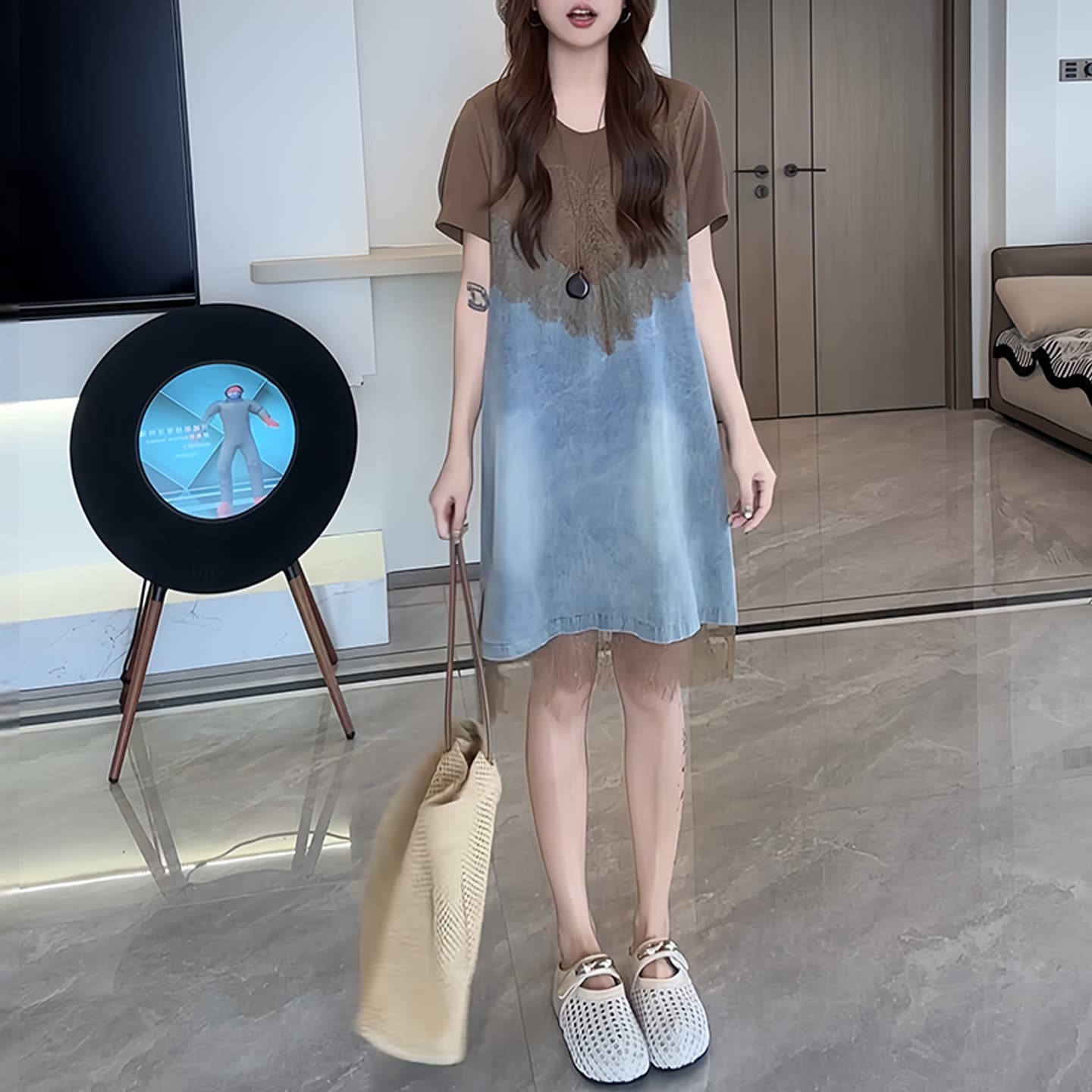 경관 그림 고급 센스 패션 품격 레이스 조각 여성 드레스 외국 가스 반팔 디자인 센스 페이크 레이어드 치마 이미지 4