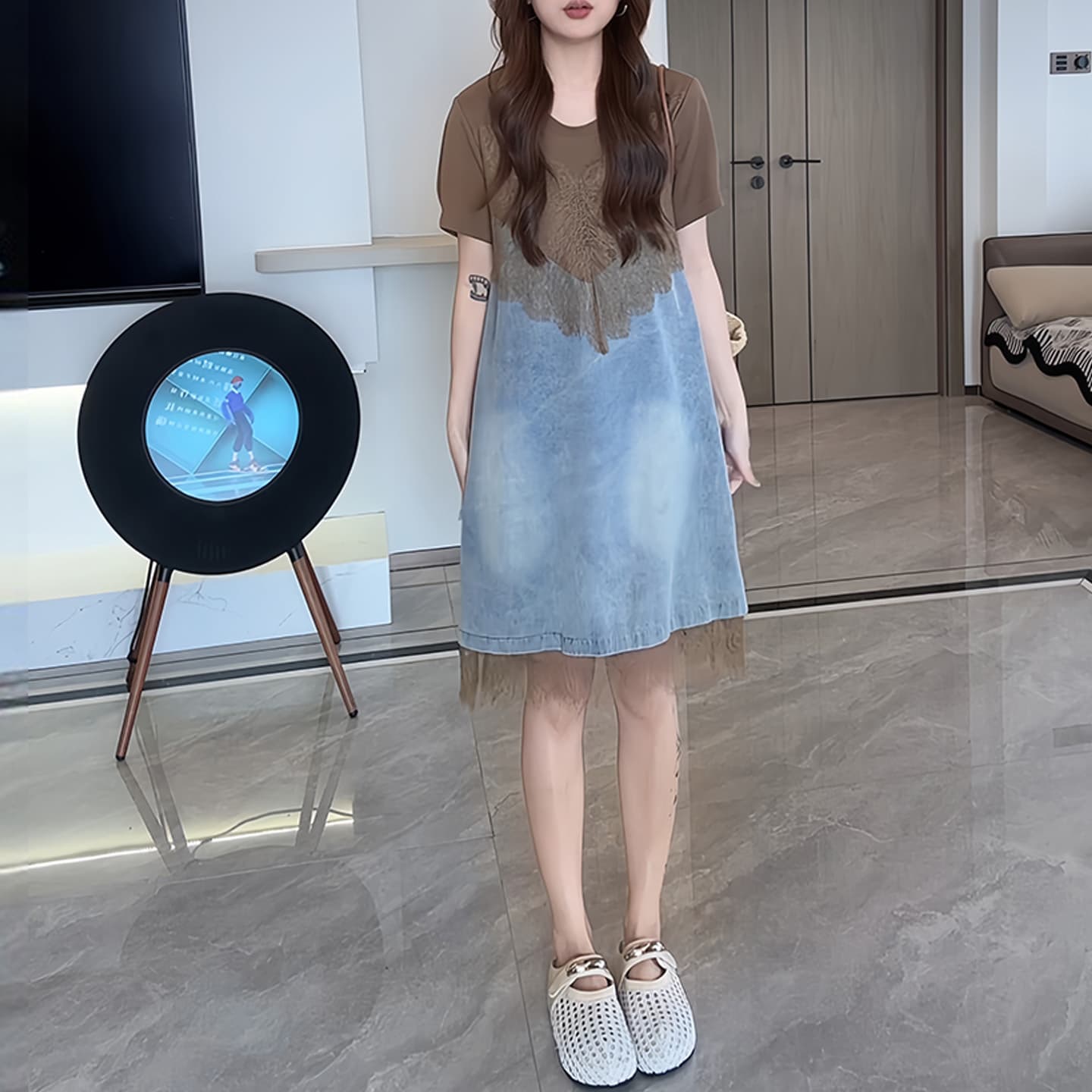경관 그림 고급 센스 패션 품격 레이스 조각 여성 드레스 외국 가스 반팔 디자인 센스 페이크 레이어드 치마 이미지 3