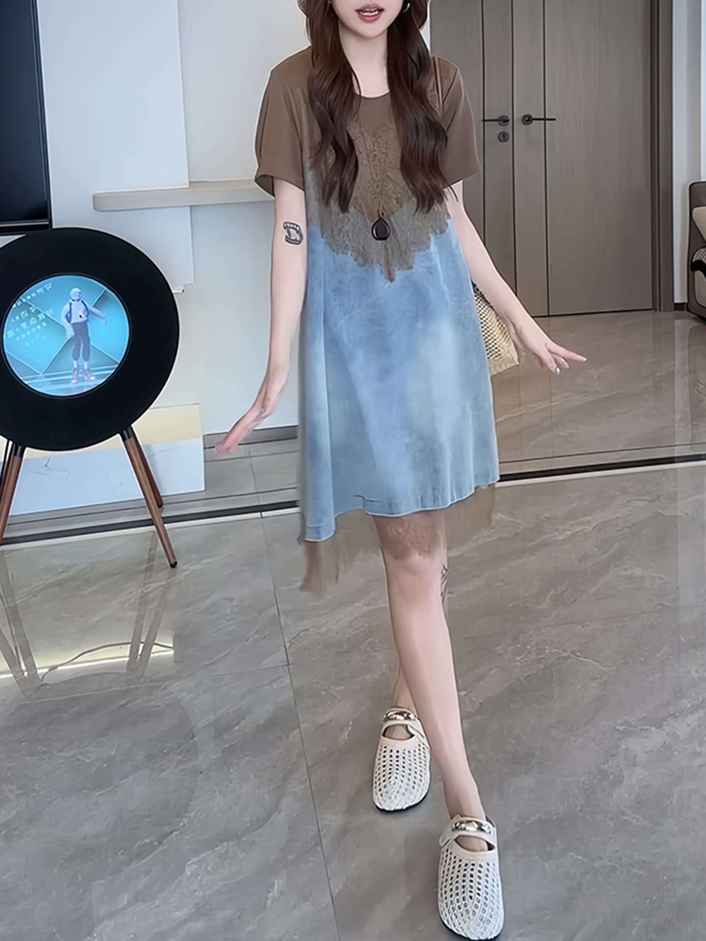 경관 그림 고급 센스 패션 품격 레이스 조각 여성 드레스 외국 가스 반팔 디자인 센스 페이크 레이어드 치마 상세 이미지 3