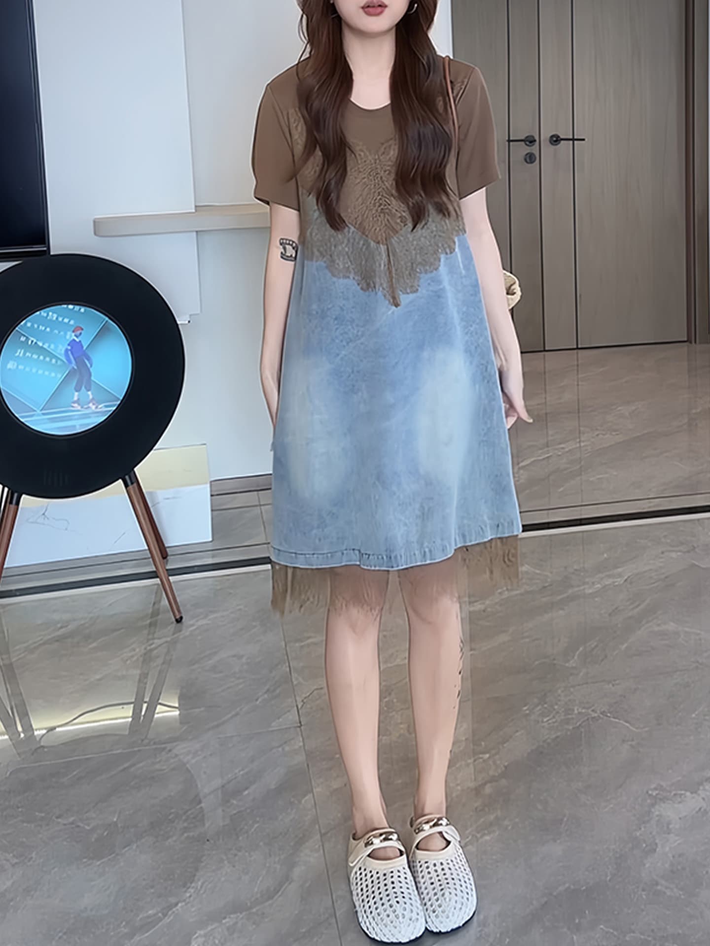 경관 그림 고급 센스 패션 품격 레이스 조각 여성 드레스 외국 가스 반팔 디자인 센스 페이크 레이어드 치마 상세 이미지 5
