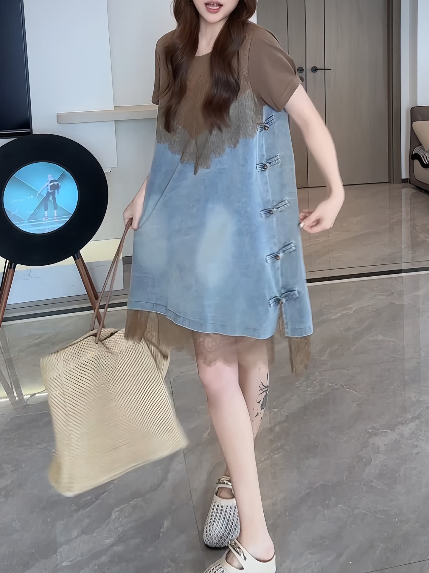 경관 그림 고급 센스 패션 품격 레이스 조각 여성 드레스 외국 가스 반팔 디자인 센스 페이크 레이어드 치마 상세 이미지 6