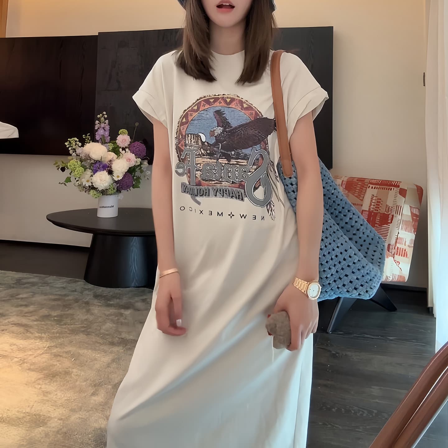 경관 그림 2026 여름 새로운 작은 대중 디자인 편안함 패션 아름다운 라운드 넥 고유 한 만화 프린트 드레스 이미지 3