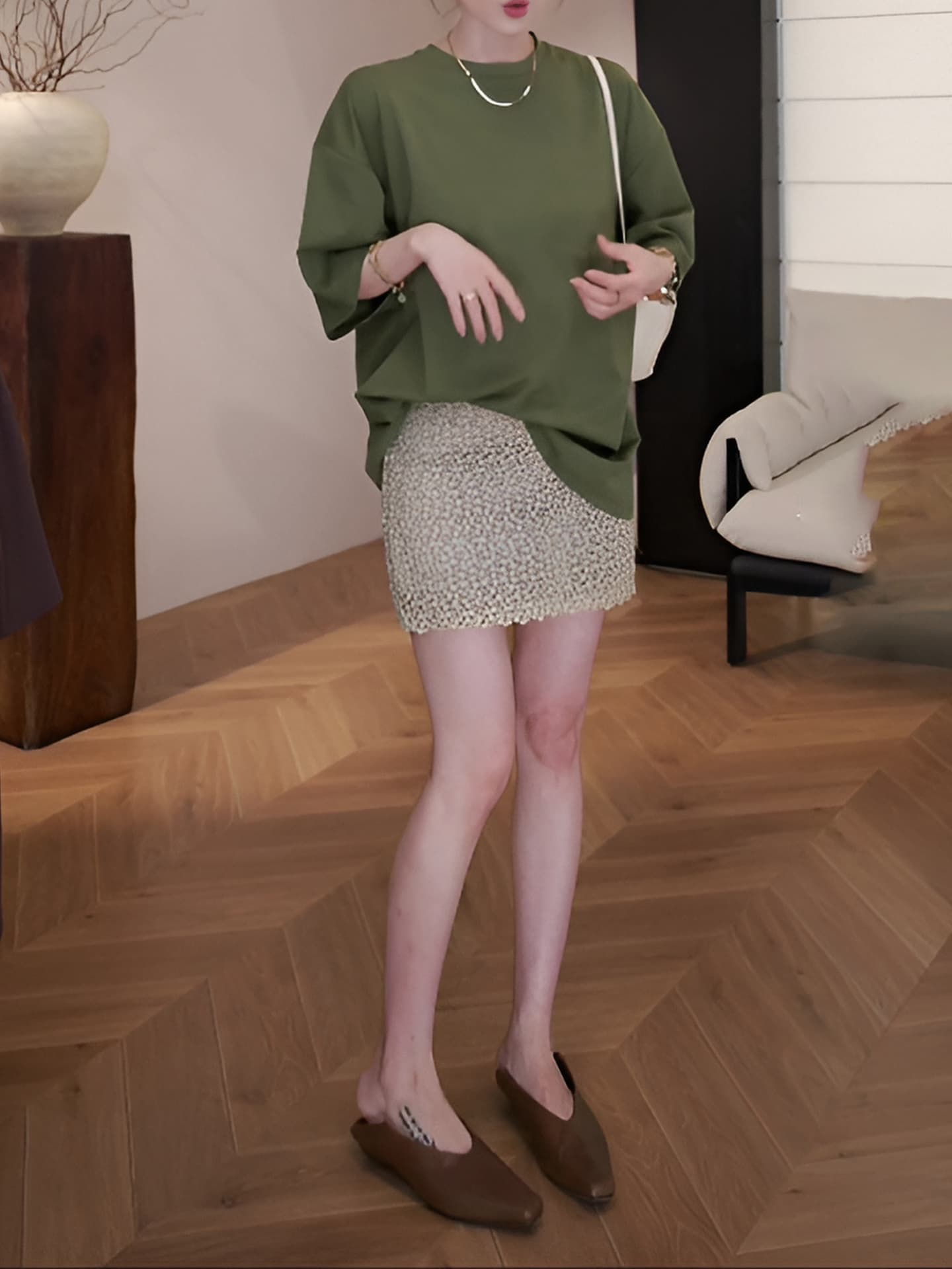경관 그림 2026 인기 착용 가져 가라. 한 부서 미니멀리즘 루즈핏 라운드 넥 반팔 티셔츠 레트로 레이스 반신 치마 세트 상세 이미지 8